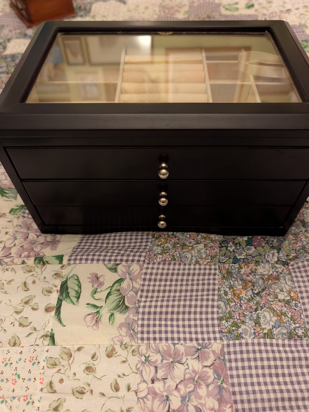 Black Jewelry Organizer Box with Glass Top - Multi-Drawer Storage
